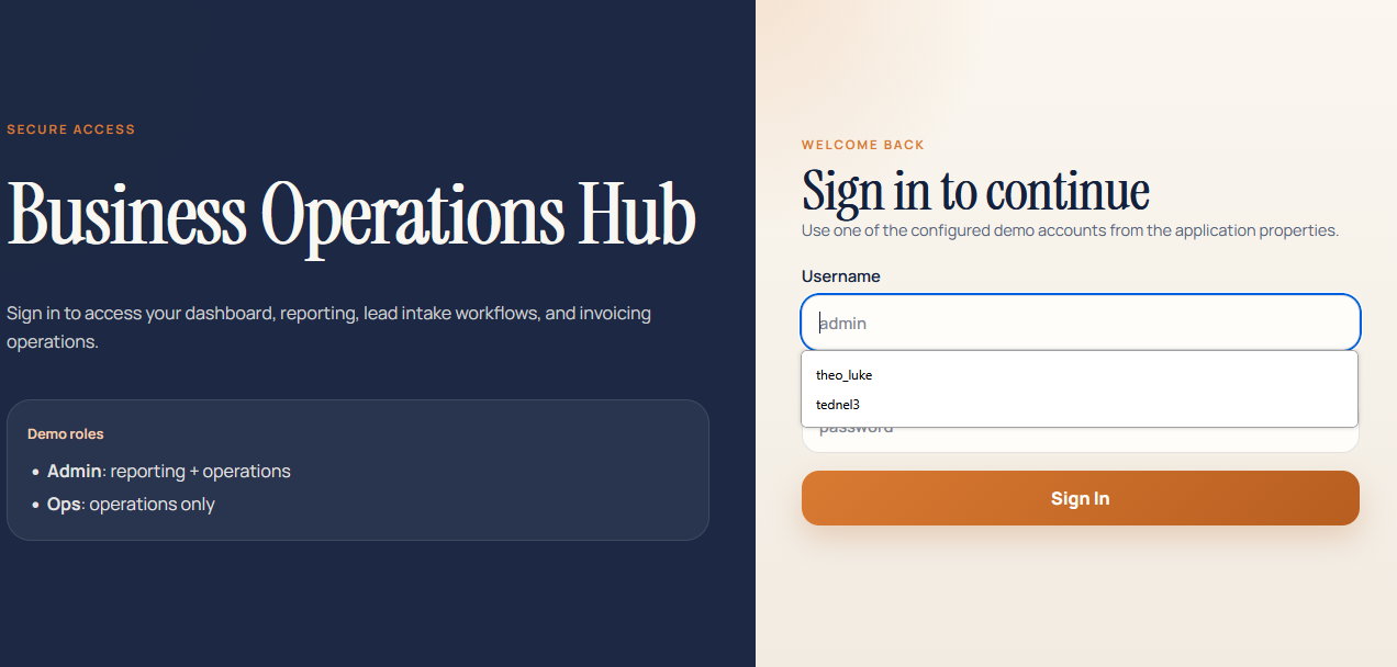 Business Operations Hub application interface